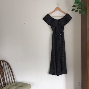 Pin stripe off the shoulder jumpsuit